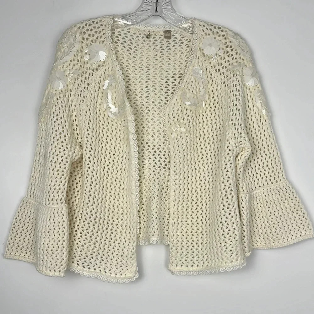 Anthropologie Knitted & Knotted Open Front Beaded Cardigan Bell Sleeve Size M